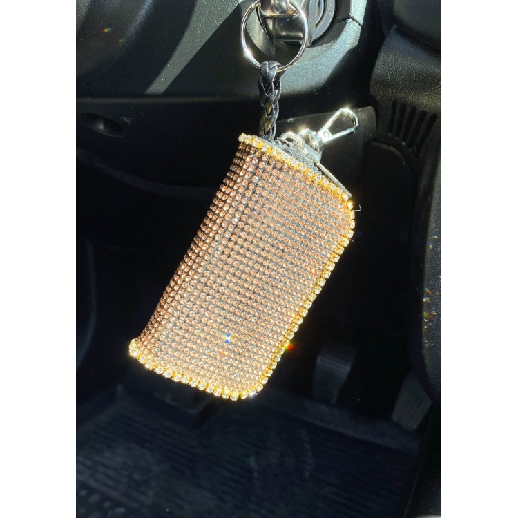 Kristal Taşlı Deri Bayan Mini Çantalı Cüzdan Oto Anahtarlık Altın Sarı