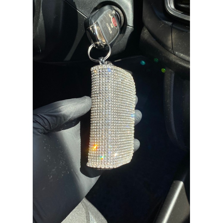 Kristal Taşlı Deri Bayan Mini Çantalı Cüzdan Oto Anahtarlık Gümüş