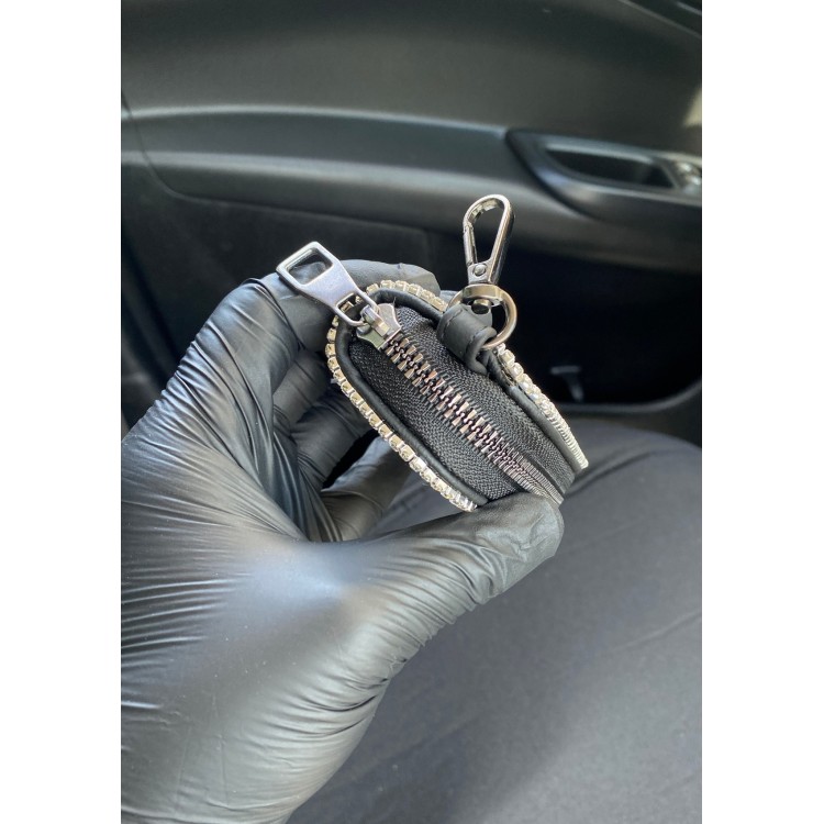 Kristal Taşlı Deri Bayan Mini Çantalı Cüzdan Oto Anahtarlık Gümüş