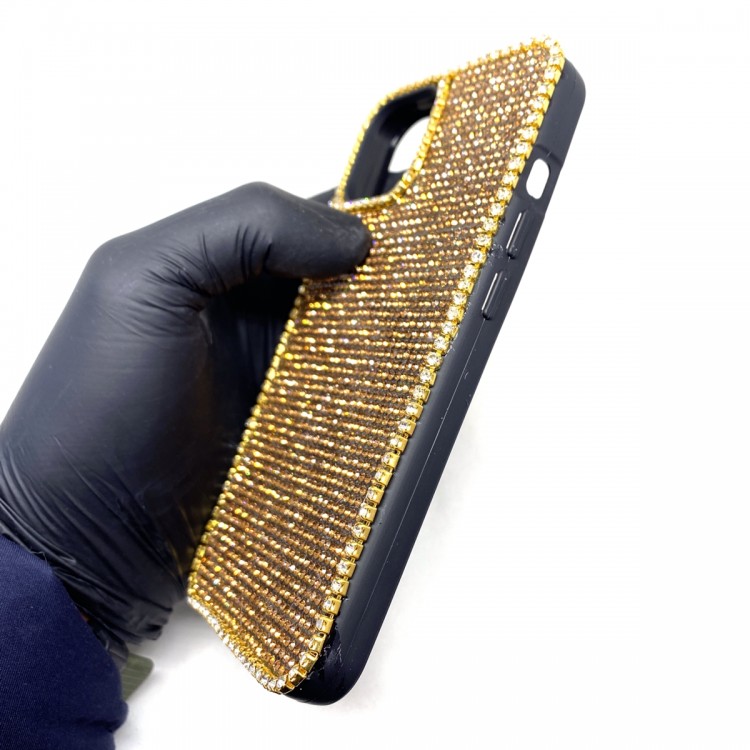 iPhone 13 Pro Max Swarovski Kristal Taşlı Bayan Siyah Telefon Kılıfı Altın Taşlı