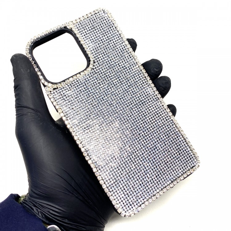 iPhone 13 Pro Max Swarovski Kristal Taşlı Bayan Siyah Telefon Kılıfı Gümüş Taşlı