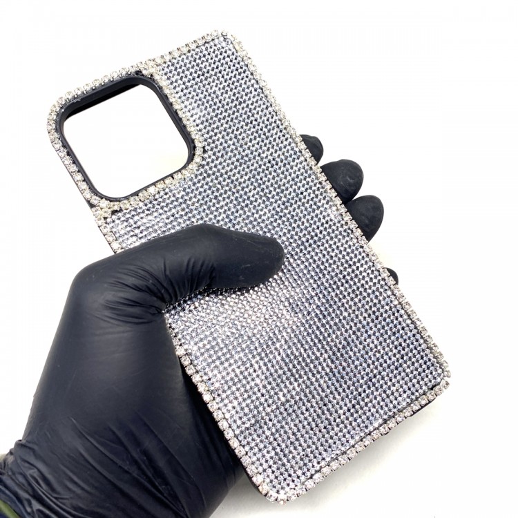 iPhone 13 Pro Max Swarovski Kristal Taşlı Bayan Siyah Telefon Kılıfı Gümüş Taşlı
