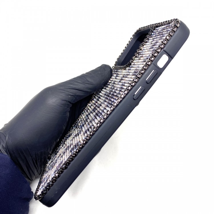 iPhone 13 Pro Max Swarovski Kristal Taşlı Bayan Siyah Telefon Kılıfı Siyah Gümüş Leopar Desen