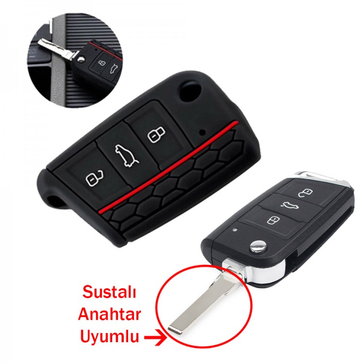 Volkswagen Golf 7 Tiguan T-Roc T6 Sustalı Anahtar Uyumlu Silikon Oto Anahtar Kumanda Kabı Siyah Kırmızı