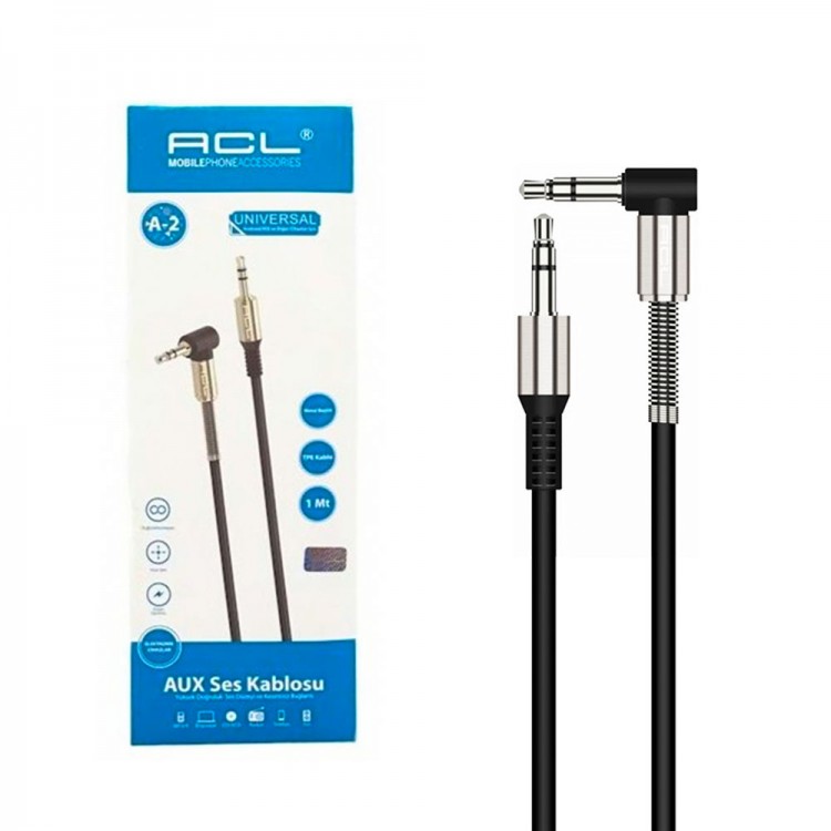 ACL A-2 Metal Başlık TPE Kablo 3.5mm Aux Kablo 1 Metre Siyah