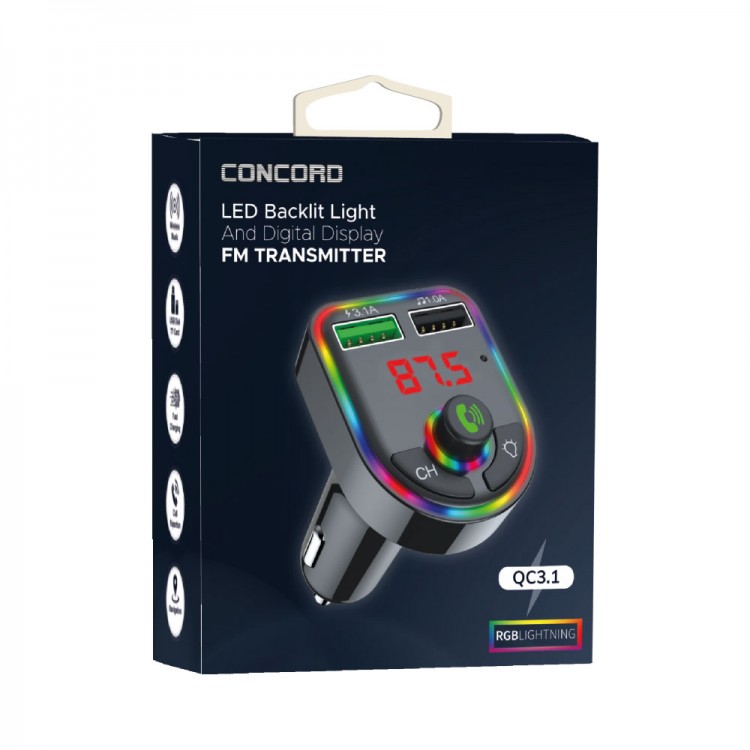 Concord C616 RGB Bluetooth Araç Kiti FM Transmitter QC 3.1A Çift Usb Şarj Girişli 12-24V