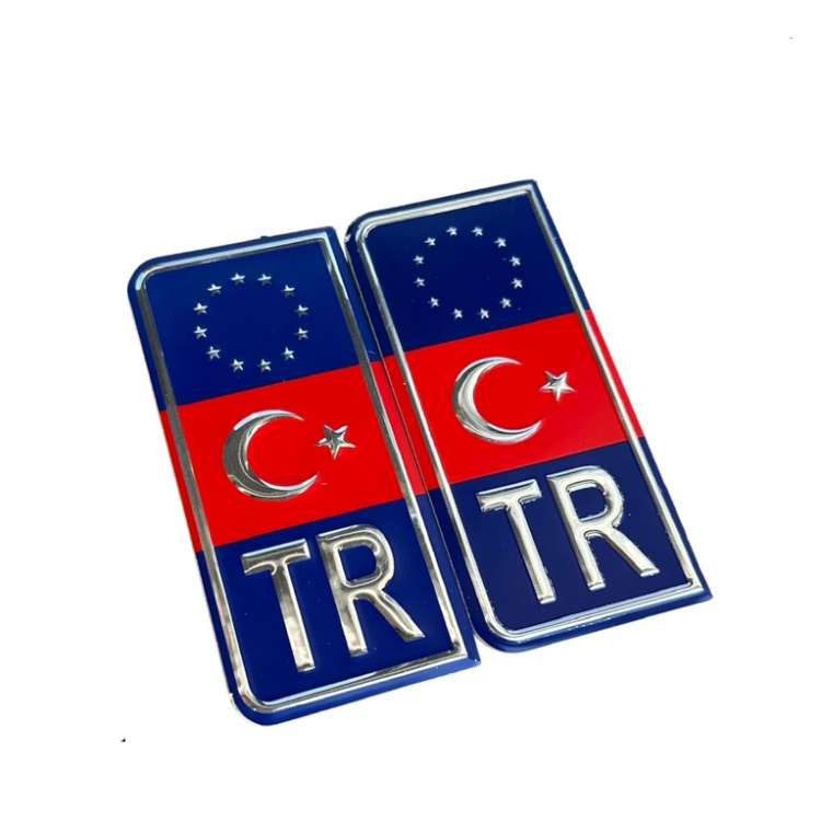 TR Avrupa Birliği Türk Bayraklı Plaka Arması Metal Etiket Sticker Kırmızı Mavi 2'li