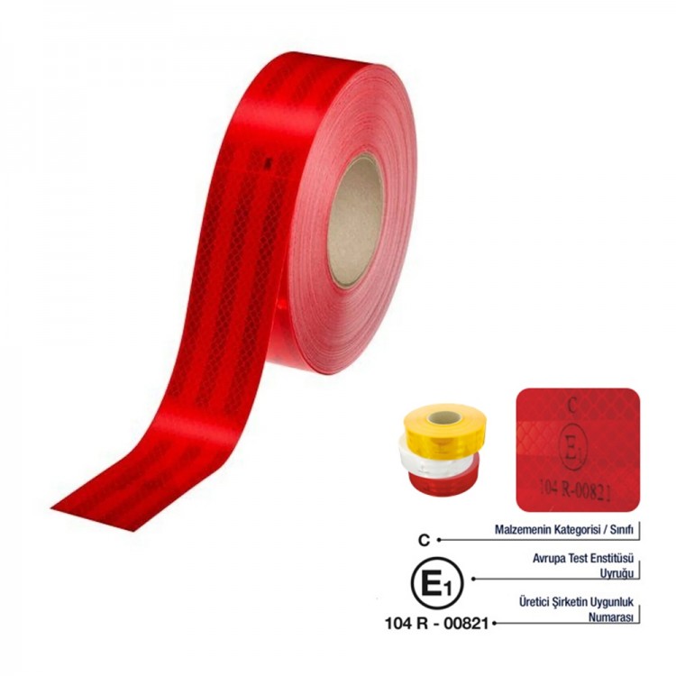 Prizmatik Reflektif Fosfor Şerit Bant Reflektör E4 Onaylı 5cm x 50 Metre Kırmızı