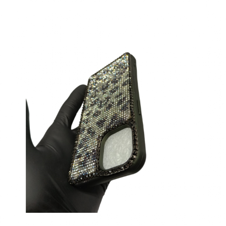 iPhone 13 Pro Uyumlu Kristal Taşlı Siyah Telefon Kılıfı Siyah Beyaz Leopar Desenli