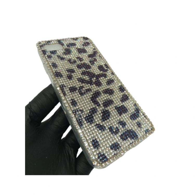 iPhone 7/8 Uyumlu Kristal Taşlı Telefon Kılıfı Siyah Beyaz Leopar Desenli