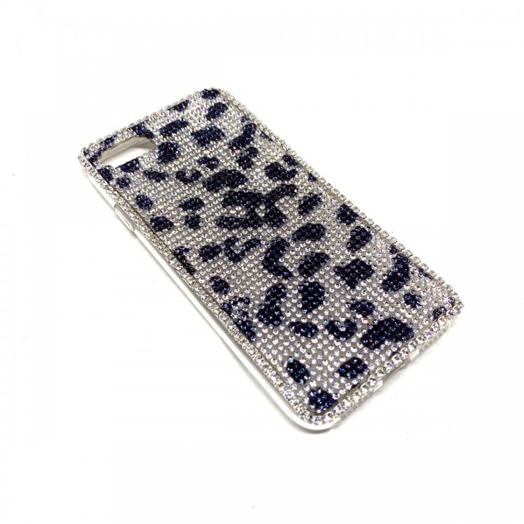 iPhone 7/8 Swarovski Kristal Taşlı Bayan Telefon Kılıfı Siyah Gümüş Leopars Desen