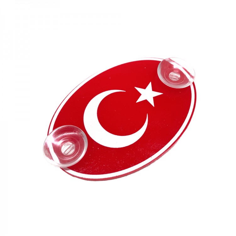 Türkiye Bayraklı Kırmızı Oval Vantuzlu Pleksi Cam Süsü Beyaz 11x7.5cm