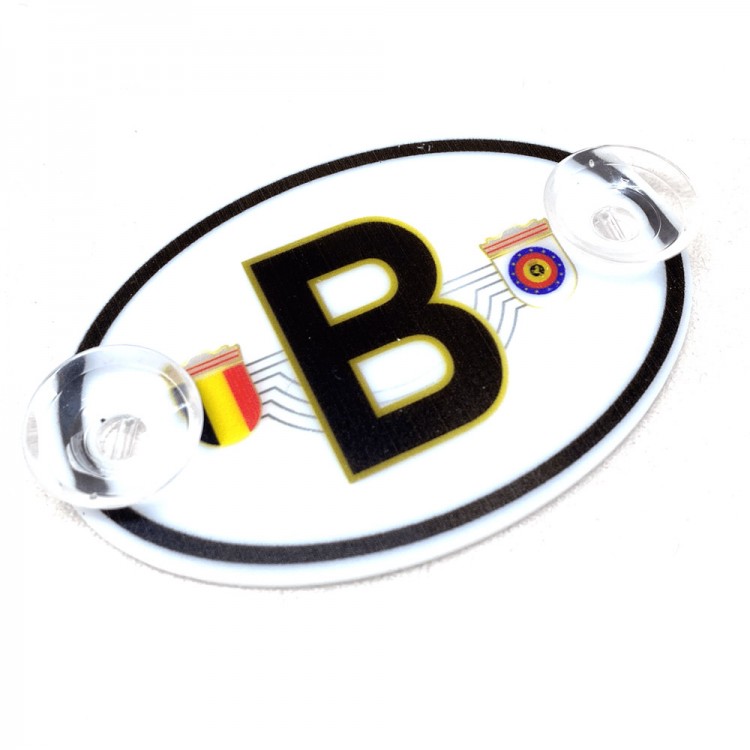 Belçika Bayraklı B Plaka Oval Vantuzlu Pleksi Cam Süsü Beyaz 11x7.5cm